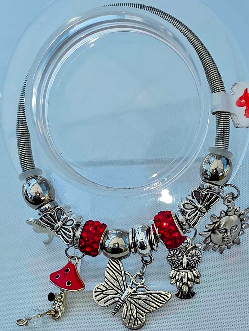 Handmade Silver Charm Bracelet with Red Crystal Accents Butterfly,Owl Sun Charms